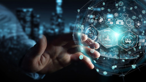 Businessman using digital medical sphere 3D rendering