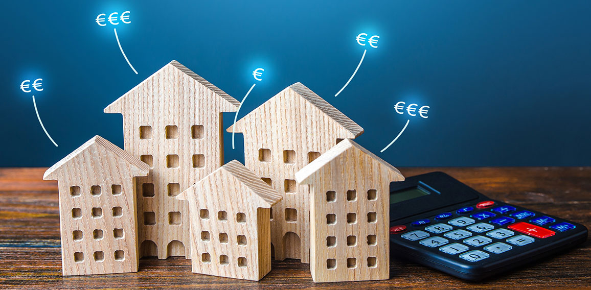 Residential buildings with euro price tags and calculator. Property valuation. Investment business plan. Market study. Calculating mortgage. Prices comparison for renting apartments. Housing value.