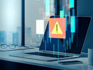 Office workplace desktop with laptop, city view, coffee cup, various items and abstract cloud computing error hologram on blurry office interior background. Danger, database, alarm and alert concept with exclamation mark. 3D Rendering.