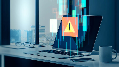 Office workplace desktop with laptop, city view, coffee cup, various items and abstract cloud computing error hologram on blurry office interior background. Danger, database, alarm and alert concept with exclamation mark. 3D Rendering.