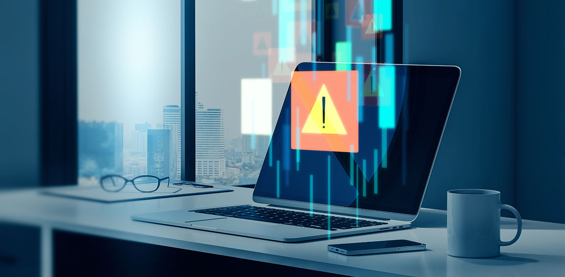 Office workplace desktop with laptop, city view, coffee cup, various items and abstract cloud computing error hologram on blurry office interior background. Danger, database, alarm and alert concept with exclamation mark. 3D Rendering.