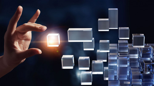 Hand holding glowing cubes. Innovation and creativity concept.