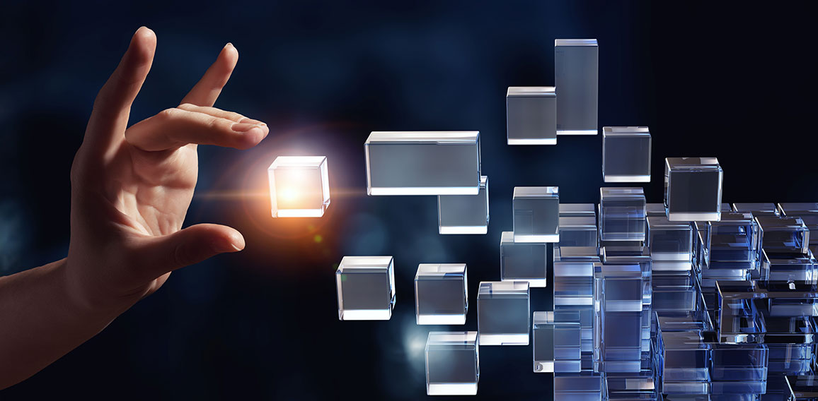 Hand holding glowing cubes. Innovation and creativity concept.