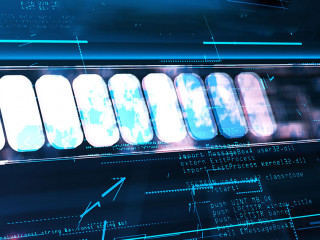 High speed loading data concept with perspective view on digital white glowing loading sign in virtual glowing frame on abstract dark technological background. 3D rendering