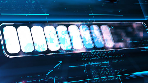 High speed loading data concept with perspective view on digital white glowing loading sign in virtual glowing frame on abstract dark technological background. 3D rendering