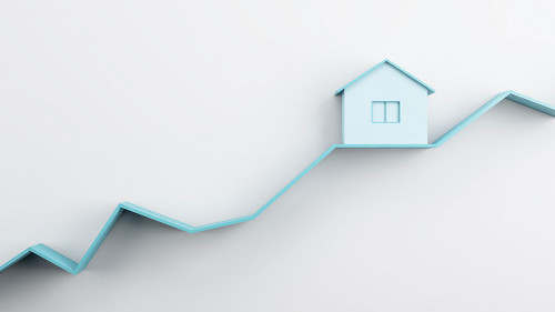 Abstract house on blue chart line and white wall background with mock up place. Property investment concept. 3D Rendering.