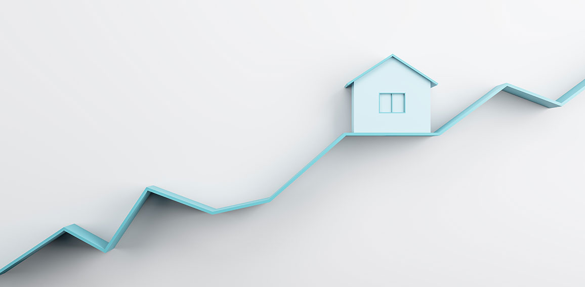 Abstract house on blue chart line and white wall background with mock up place. Property investment concept. 3D Rendering.