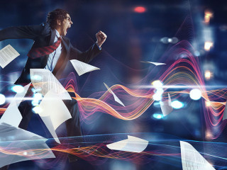 Portrait of energetic businessman running