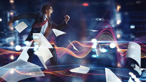 Portrait of energetic businessman running