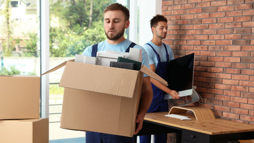 Professional workers carrying stuff out of office. Moving servic