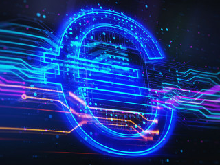 Creative glowing blue euro sign hologram on blurry background. Digital currency and money concept. 3D Rendering.