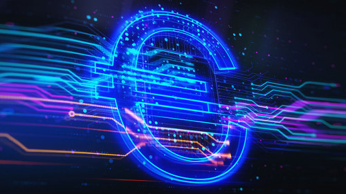 Creative glowing blue euro sign hologram on blurry background. Digital currency and money concept. 3D Rendering.