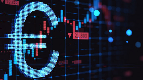 Abstract glowing growing forex chart with euro sign on dark background. Trade, finance and economy concept. 3D Rendering.