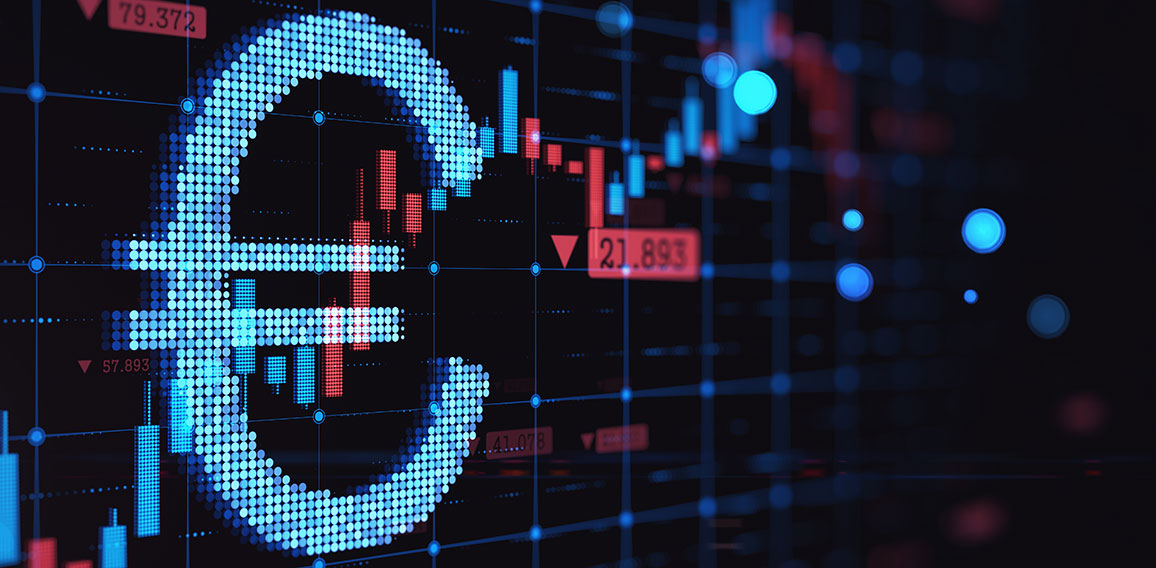 Abstract glowing growing forex chart with euro sign on dark background. Trade, finance and economy concept. 3D Rendering.