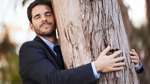 Businessman embrace a tree trunk