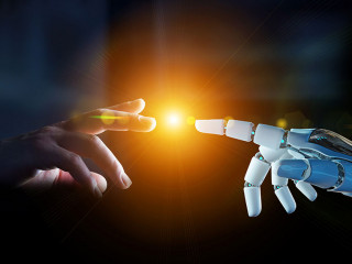 White cyborg finger about to touch human finger 3D rendering