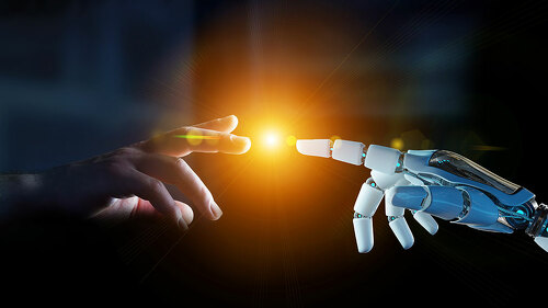 White cyborg finger about to touch human finger 3D rendering