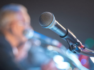 Business people talking on seminar panel with microphone