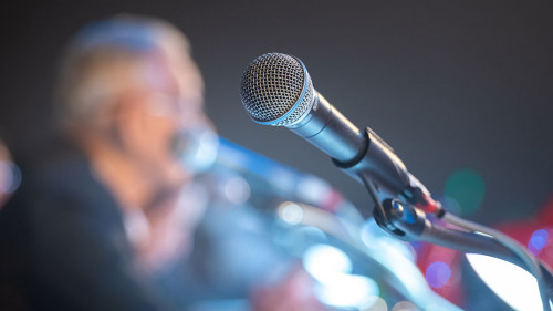 Business people talking on seminar panel with microphone