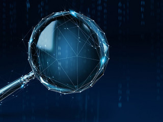 Wireframe concept of a magnifying lens on dark blue background. 3D Rendering