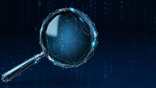 Wireframe concept of a magnifying lens on dark blue background. 3D Rendering