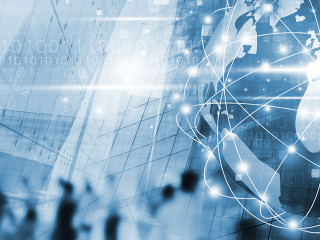 Digital global business network connection and people walking in