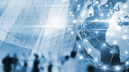 Digital global business network connection and people walking in