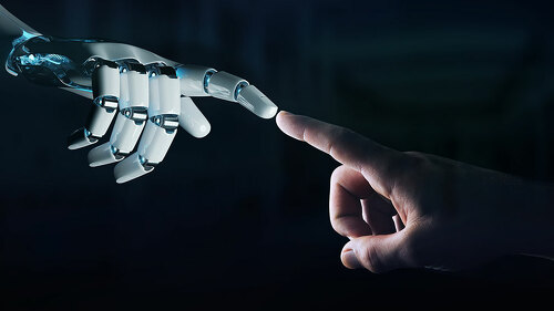 Robot hand making contact with human hand on dark background 3D