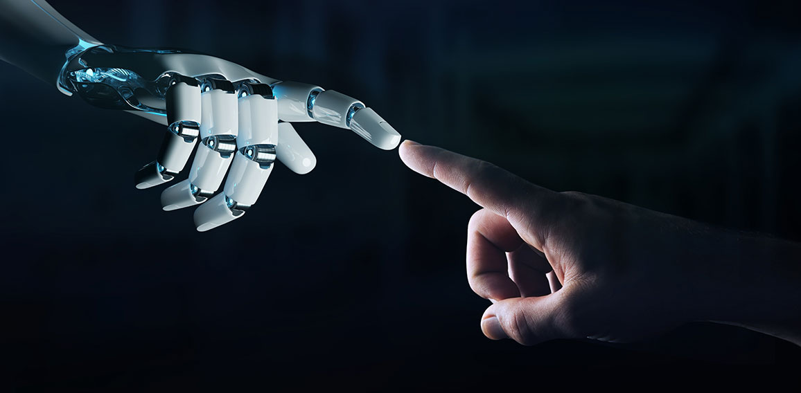 Robot hand making contact with human hand on dark background 3D