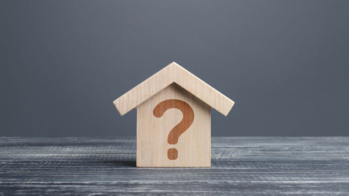 House with a question mark. Cost estimate. Solving housing problems, deciding buy or rent real estate. Search for options, choice type of residential buildings. Property price valuation evaluation