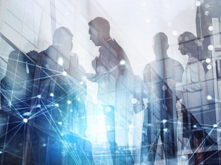 Silhouette of business people working together in office. Concept of teamwork and partnership. double exposure with network effects