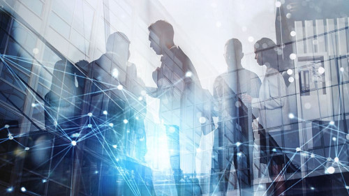 Silhouette of business people working together in office. Concept of teamwork and partnership. double exposure with network effects