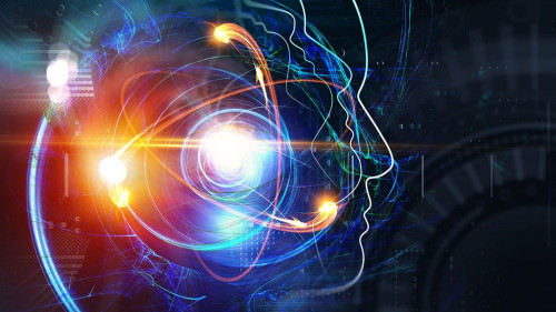 Nanotechnology, Molecule model image . Mixed media