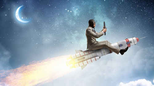 Aviator riding rocket. Mixed media