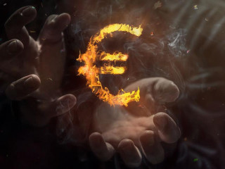 Burning symbol of euro with man in the background. Conception of risk management in money trading at currency market