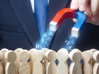 Man with a magnet collects personal data from crowd people online Internet users. Confidentiality protection of private information. Financial data leakage, password draining. Surveillance spying