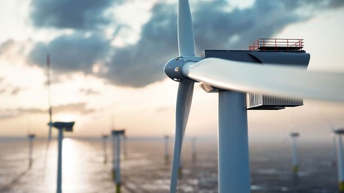 Offshore wind power and energy farm with many wind turbines on the ocean