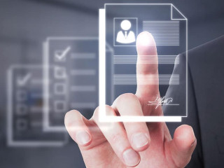 Hiring employee and human resources concept with man finger on virtual sensor screen with digital CV or resume