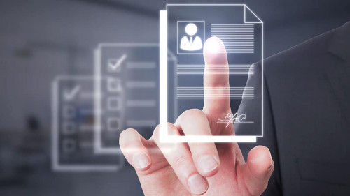 Hiring employee and human resources concept with man finger on virtual sensor screen with digital CV or resume