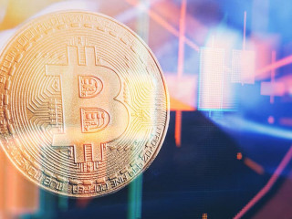 Bitcoin price crash in front of a red abstract virtual backgroun