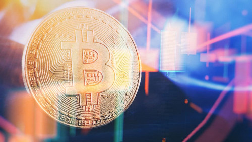 Bitcoin price crash in front of a red abstract virtual backgroun