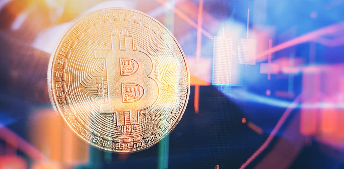 Bitcoin price crash in front of a red abstract virtual backgroun