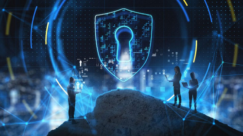 Abstract people on mountain using laptops with glowing security shiled on blurry city background. Secure, safety and digital protection concept. Double exposure.