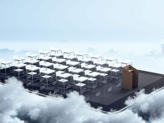 Education concept with white audience layout with tribune on black digital tablet soaring in the sky.