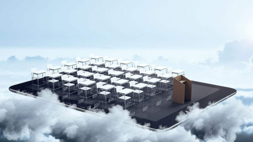 Education concept with white audience layout with tribune on black digital tablet soaring in the sky.