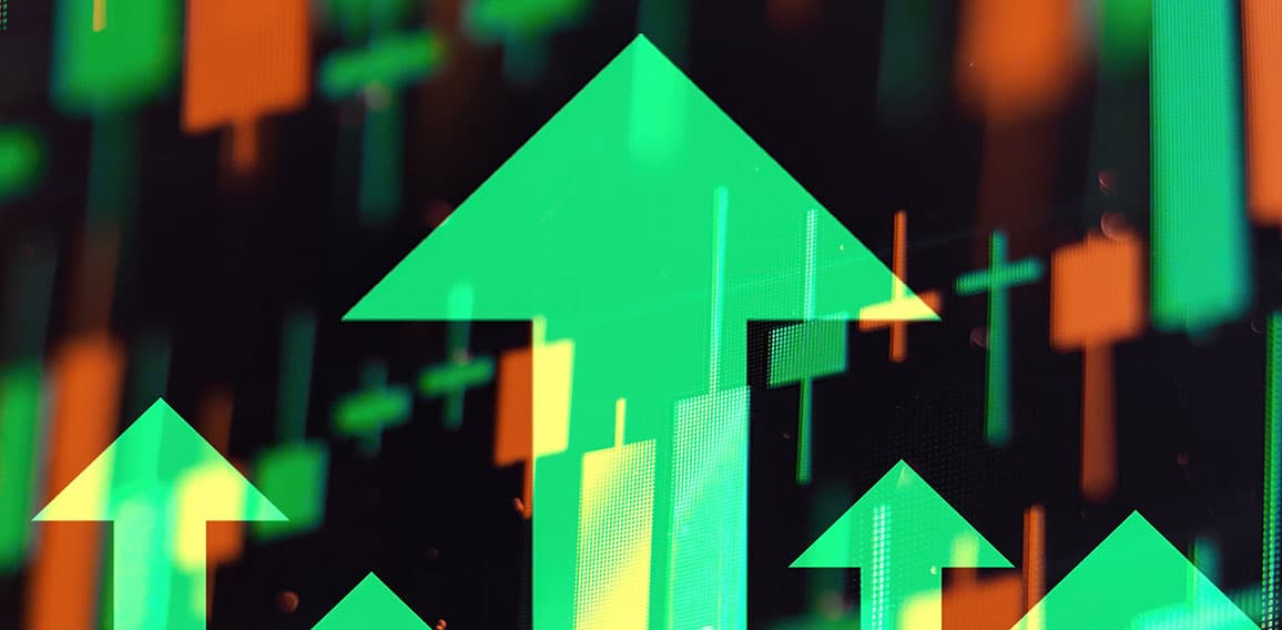 Increasing green arrows showing improvements in economy or growth of stocks on the stock exchange