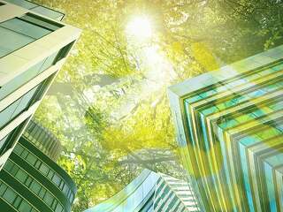 Go green concept. Low angle view of modern building and trees on
