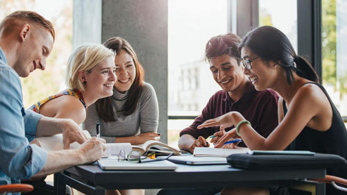 Students studying in college library
