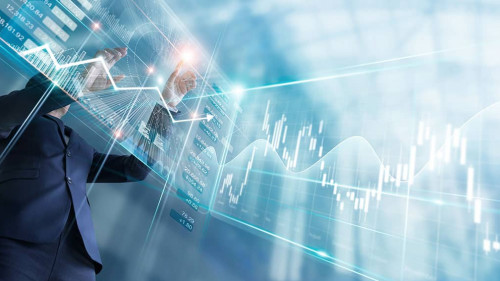 Businessman touching finance growth and graph chart analysing di