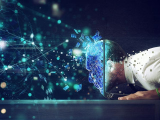 Businessman with his head inside a cyberspace through the laptop. Internet connection and addiction concept